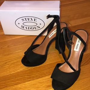 Steve Madden Women's Kierra Fashion Nubuck Heels Sandals Shoes- Black Suede